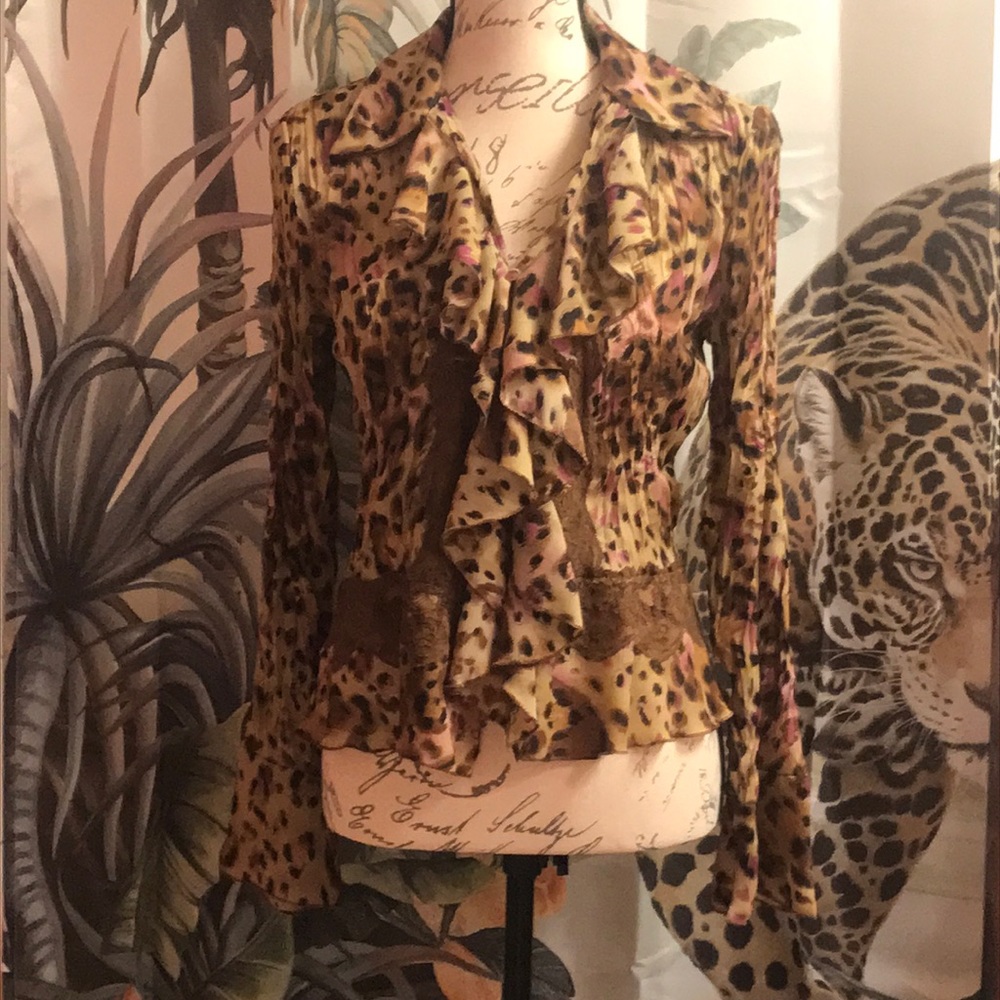VINTAGE S.L.B PRISSY ANIMAL PRINT & LACE BUTTON FRONT BLOUSE SMALL